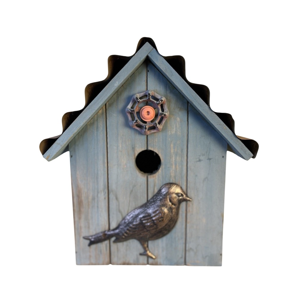 Rustic Blue Wood Birdhouse Corrugated Metal Roof and Hanging Chain Home
Decor